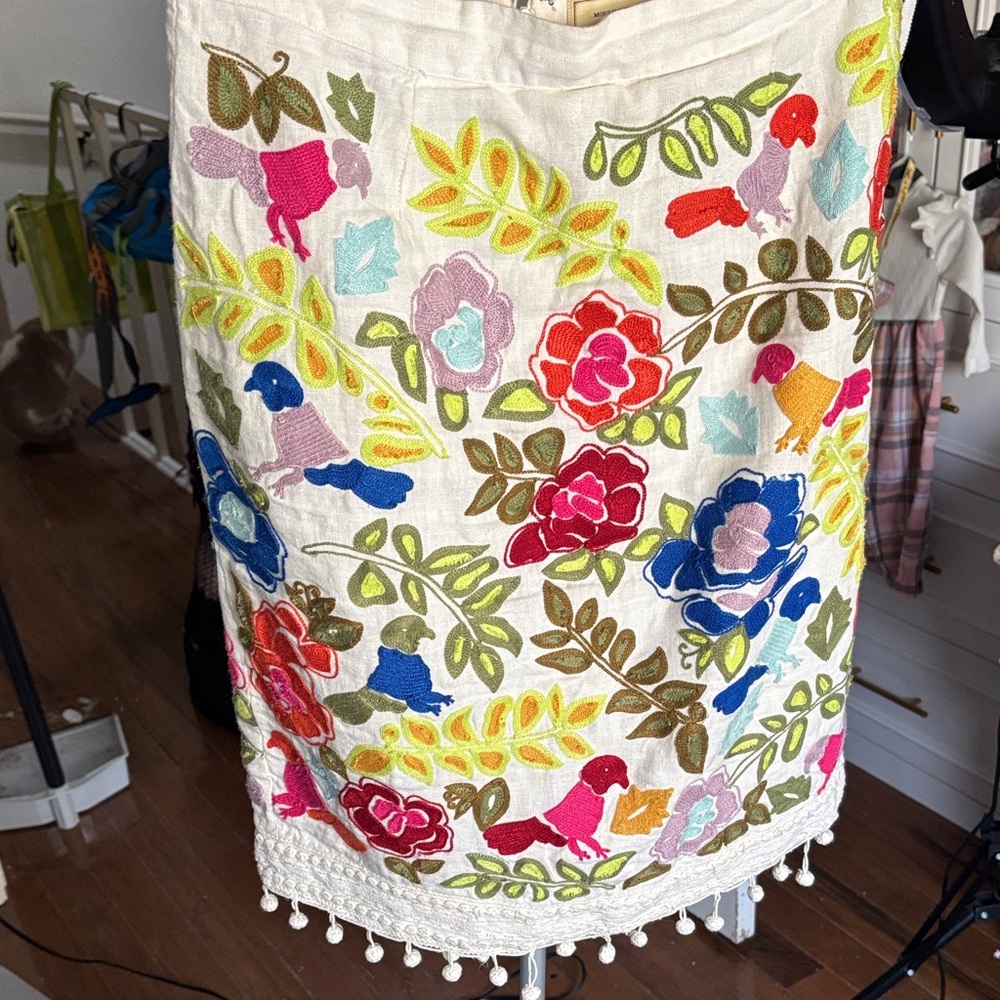 Moulinette Soeurs Multicolor Embroidered A-Line Linen Skirt